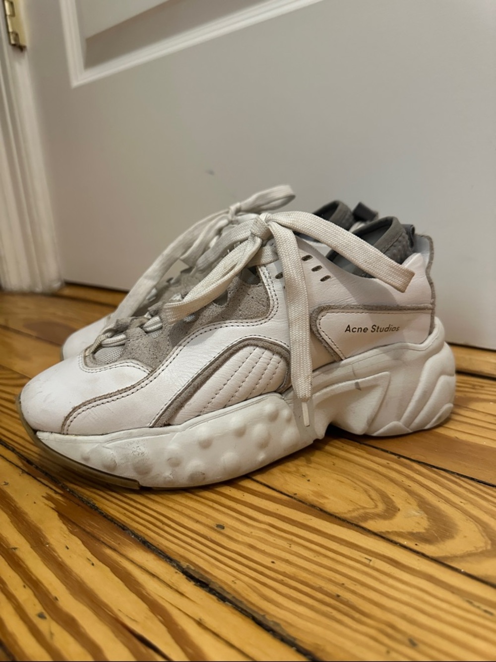 Acne white and light gray leather sneakers